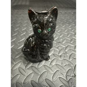 Vintage Redware Black Cat Figurine With Green Jewel Eyes 6" tall/Japan